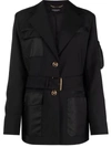 Versace Mixed-media Belted Trench Blazer In Black