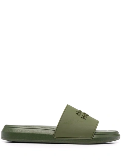 Alexander Mcqueen Logo-embossed Open-toe Slides In Green