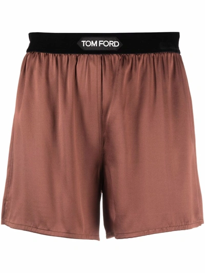 Tom Ford Logo-waist Stretch-silk Boxer Briefs In Brown