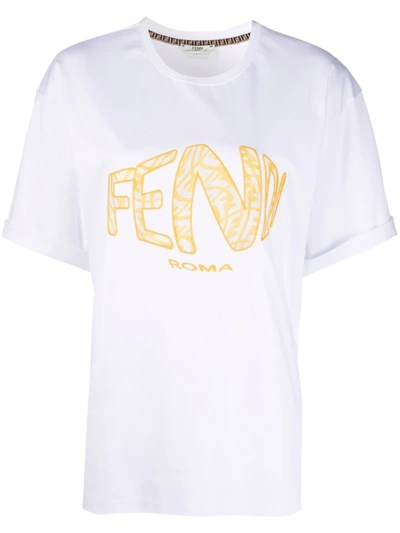 Fendi X Sarah Coleman Fisheye Logo Embroidered T-shirt In White