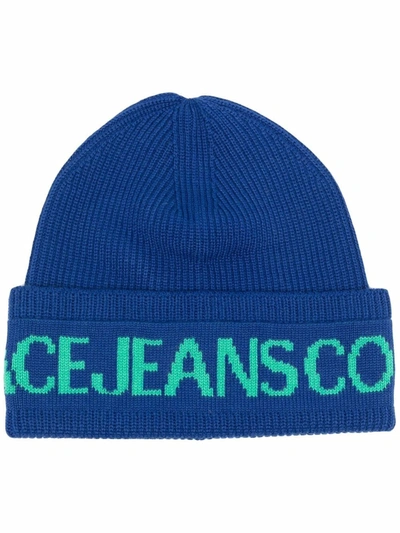 Versace Jeans Couture Logo-print Knitted Beanie In Blue