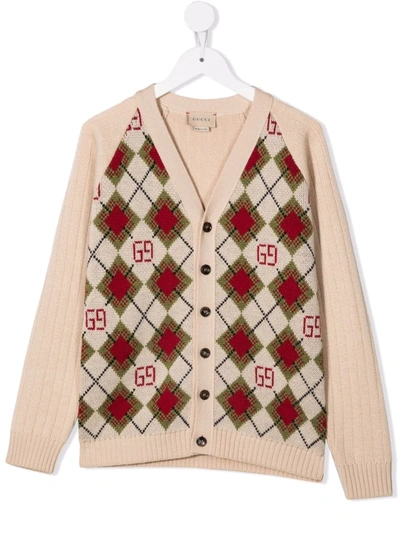 Gucci Kids' Monogram-pattern Wool Cardigan In Neutrals