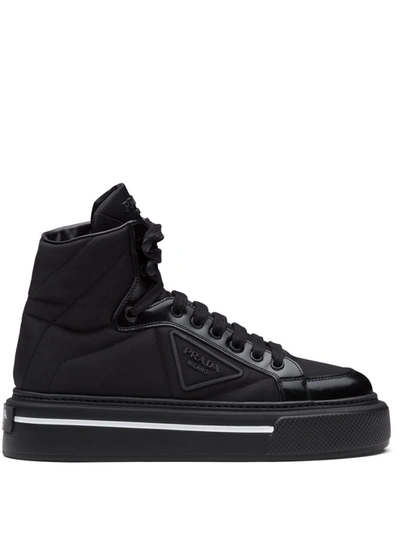 Prada Macro Re-nylon And Brushed Leather High-top Sneakers In Black