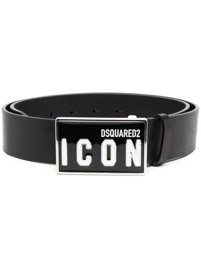 Dsquared2 40mm Icon Plaque Leather Belt In Black