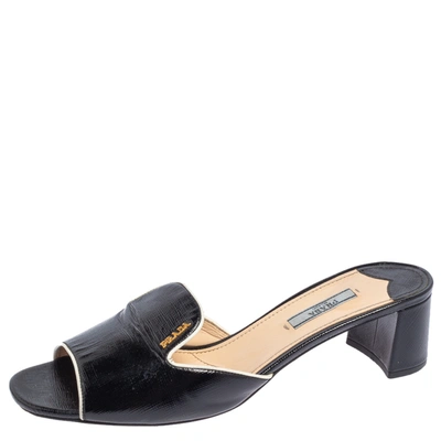 Pre-owned Prada Black Patent Leather Block Heel Slides Sandals Size 41