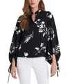 Vince Camuto Women's Plus Size Long Sleeve Floral Whisps Blouse With Ties In Rich Black