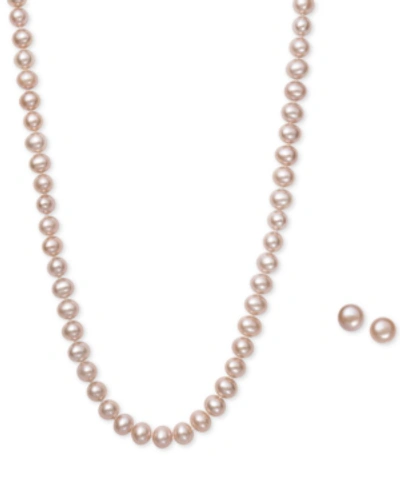 Macy's White Cultured Freshwater Pearl (6mm) Necklace And Matching Stud (7-1/2mm) Earrings Set In Sterling In Pink
