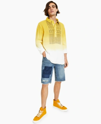 Sun + Stone Men's Frederick Regular-fit Ombre Geo Embroidered Popover Shirt, Created For Macy's In Curry Gold