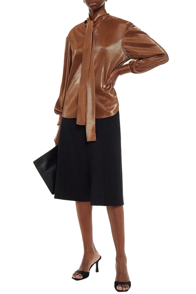 Msgm Tie-neck Coated Plissé-jersey Blouse In Brown