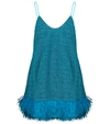 Oseree Lumière Feather-trimmed Stretch-lurex Mini Dress In Blue
