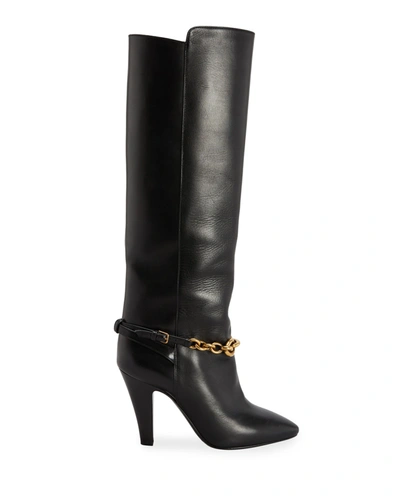 Saint Laurent Koller Calfskin Chain Knee Boots In Nero