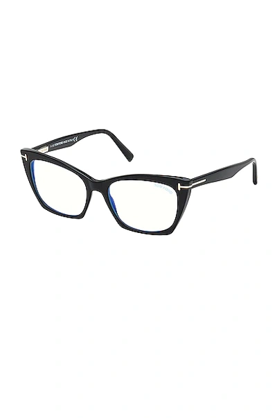 Tom Ford Cat Eye Optical Eyeglasses In Shiny Black & Blue Block Lens