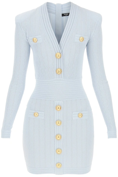 Balmain Short Light Blue Knit Dress With Gold-tone Buttons