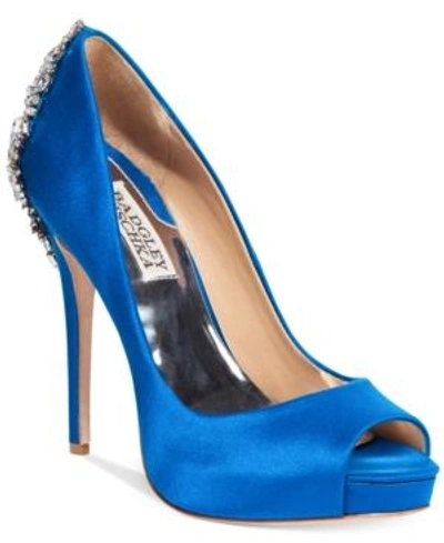 Badgley Mischka 'kiara' Crystal Back Open Toe Pump In Sapphire Satin