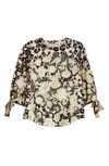 Rebecca Taylor Floral Leopard Print Tie Sleeve Silk Blouse In Black Combo