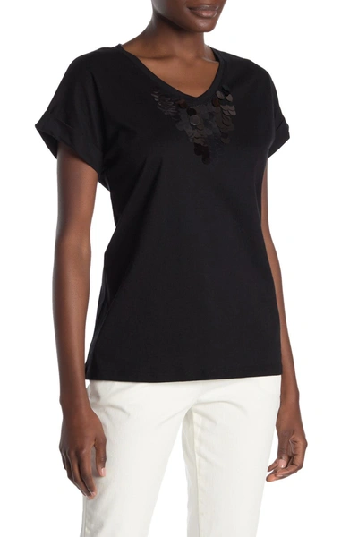 Donna Karan Woman Short Sleeve V-neck Sequin T-shirt In Black