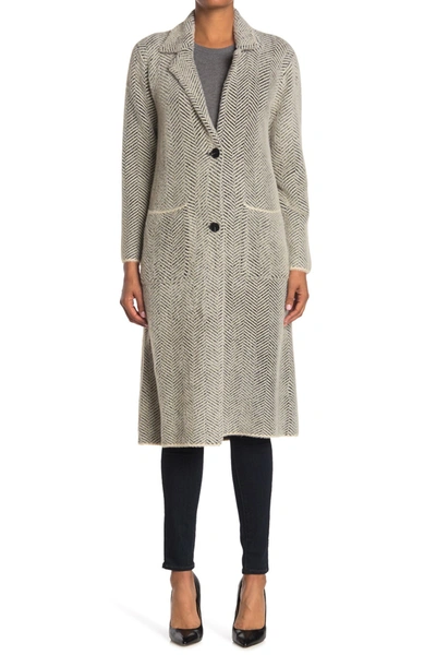 Love Token Herringbone Print Longline Coat In Black/white