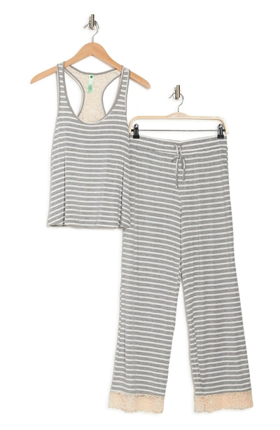 Honeydew Lace Trim Racerback Tank & Pants 2-piece Pajama Set In Heather Grey Stripe