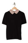 Adrianna Papell Hammered Satin Collar Short Sleeve Sweater In Black W/champagne Micro Dot