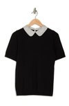 Adrianna Papell Hammered Satin Collar Short Sleeve Sweater In Black W/ivory/black Micro Dot