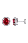 Delmar Sterling Silver Lab Created Ruby & White Sapphire Halo Stud Earrings In Red