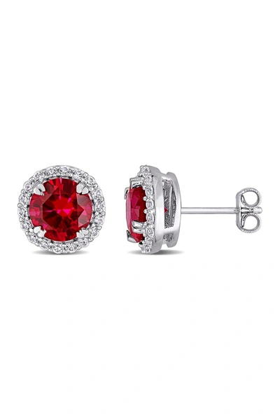 Delmar Sterling Silver Lab Created Ruby & White Sapphire Halo Stud Earrings In Red