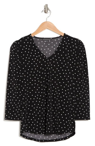Adrianna Papell Polka Dot V-neck 3/4 Sleeve Moss Crepe Top In Black Basic Dot