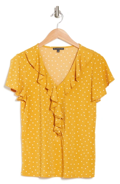 Adrianna Papell Polka Dot V-neck Flutter Sleeve Moss Crepe Top In Gold Basic Dot