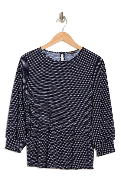 Adrianna Papell 3/4 Sleeve Pleated Moss Crepe Top In Navy/ivory Small Dot