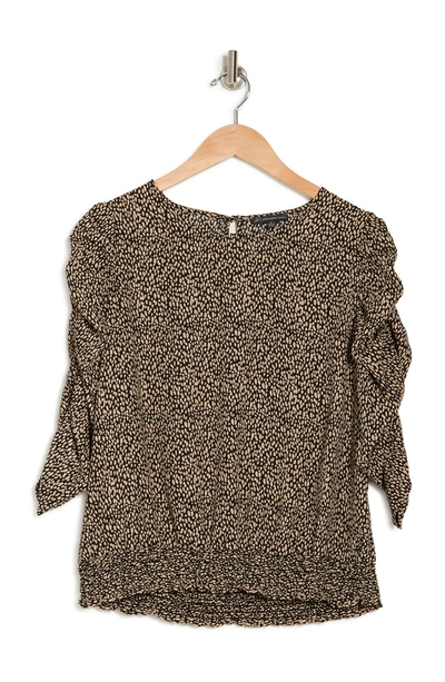 Adrianna Papell Printed Poly Crepe 3/4 Sleeve Blouse In Black/camel Animal Patch