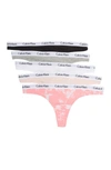 Calvin Klein Logo Thongs In Black/grey Heather/white/nymph