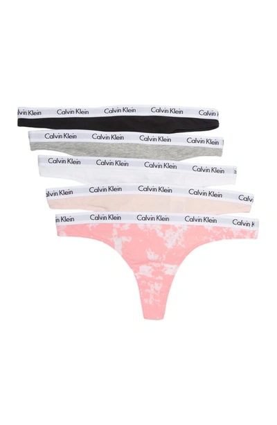 Calvin Klein Logo Thongs In Black/grey Heather/white/nymph