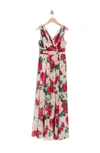 CALVIN KLEIN FLORAL PLEATED CREPE GOWN