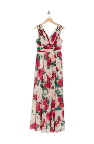 Calvin Klein Floral-print Pleated-bodice Gown In Hibiscus Pink Floral