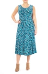 Nina Leonard Crew Neck Sleeveless Midi Dress In Turq Multi