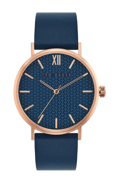 Ted Baker Phlipa Gents Leather Strap Watch, 43mm In Rose Gold/ Blue/ Blue