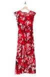 CALVIN KLEIN FLORAL RUFFLED CHIFFON MAXI DRESS