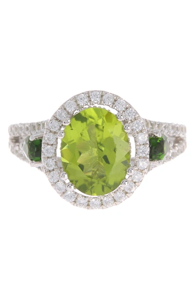 Forever Creations Sterling Silver Natural Zircon Halo Oval Peridot Ring