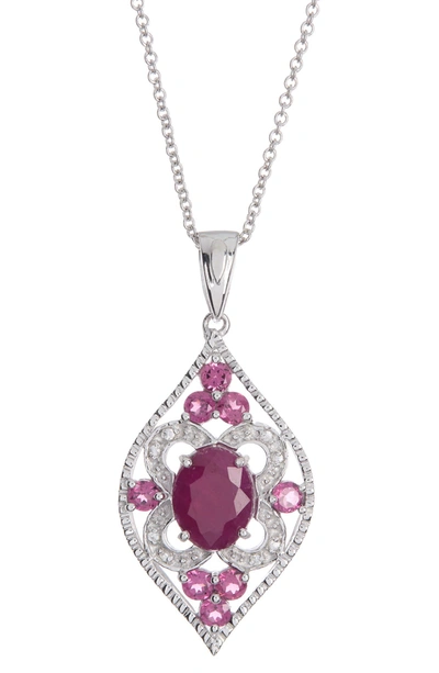 Forever Creations Sterling Silver Ruby & Natural Zircon Marquise Pendant Necklace