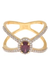 FOREVER CREATIONS GOLD PLATED STERLING SILVER GARNET & NATURAL ZIRCON CROSSOVER RING