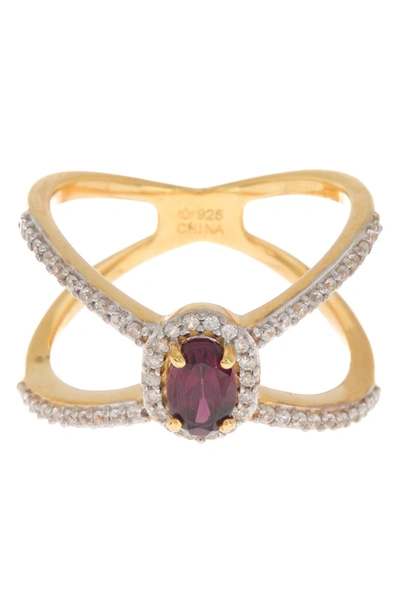 Forever Creations Gold Plated Sterling Silver Garnet & Natural Zircon Crossover Ring In Yellow