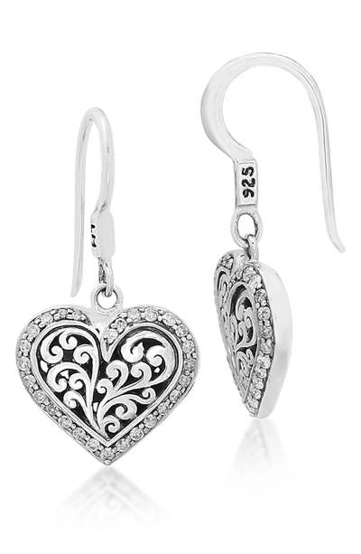 Lois Hill Sterling Silver Diamond Framed Signature Scroll Heart Drop Earrings