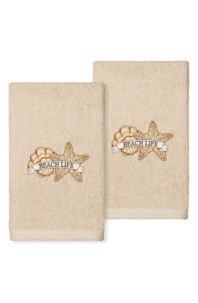 Linum Home Textiles Beach Life Embroidered Luxury Hand Towels In Sand