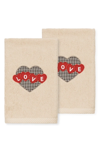 Linum Home Textiles Love Hearts Embroidered Luxury 100% Turkish Cotton Hand Towel In Sand