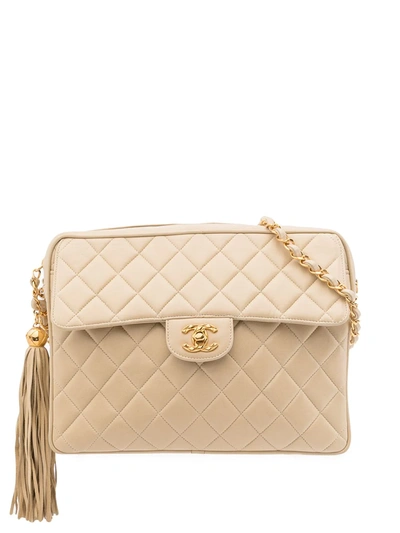 Pre-owned Chanel 1992 Cc Diamond-quilted Tassel Crossbody Bag In Neutrals