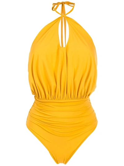 Brigitte Ruched Halterneck Swimsuit In Yellow