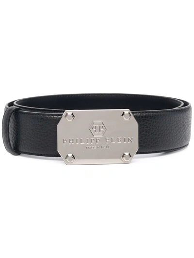 Philipp Plein Iconic Plein Logo-plaque Belt In Black