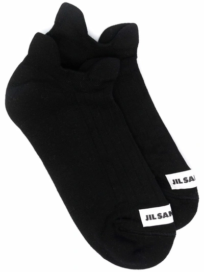 Jil Sander Flounced-cuff Logo-patch Cotton-blend Ankle Socks In Black