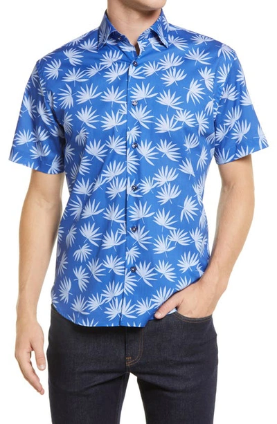 Jeff Fan Me Leaf Print Short Sleeve Stretch Button-up Shirt In Blue