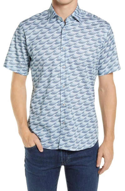 Jeff Catch The Wave Short Sleeve Stretch Button-up Shirt In Light Blue